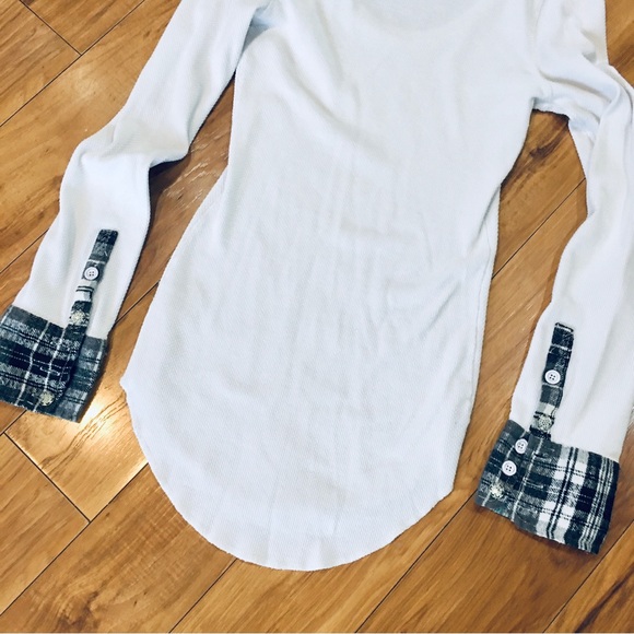 Free People we the free thermal waffle knit shirt top white flannel larg… - Picture 4 of 7